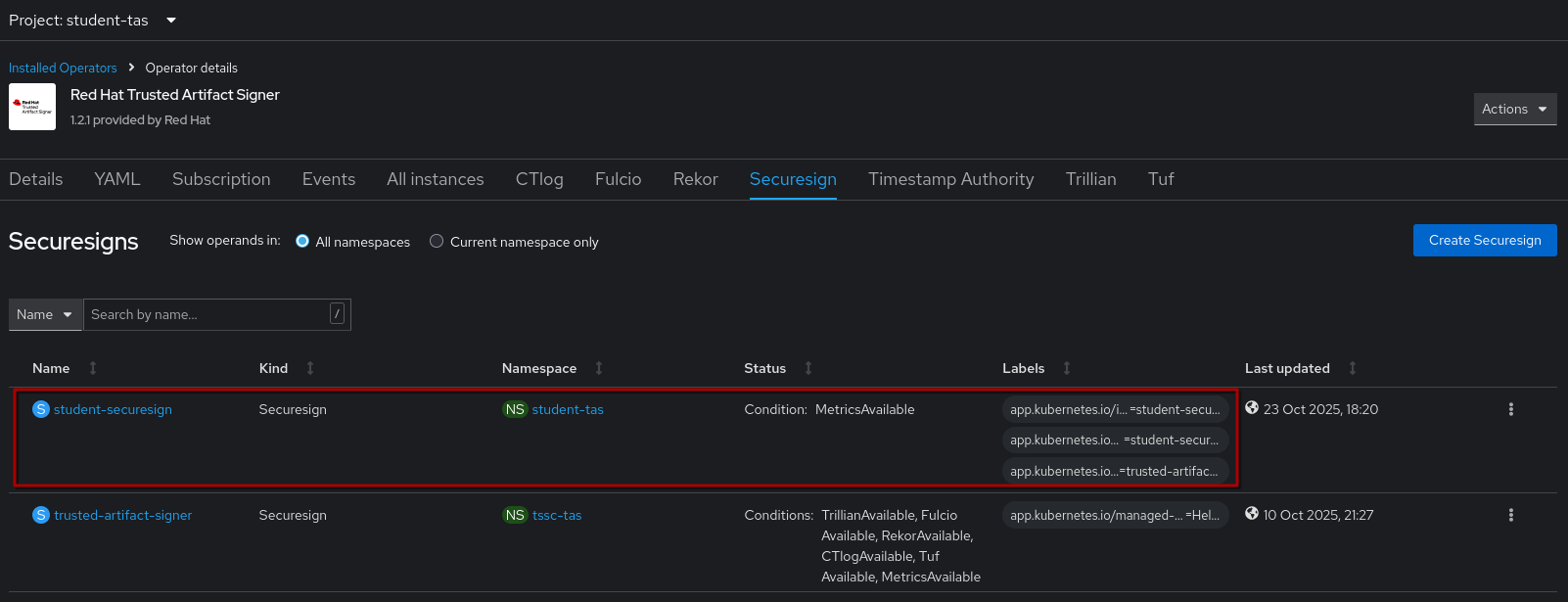 tas operator securesign created