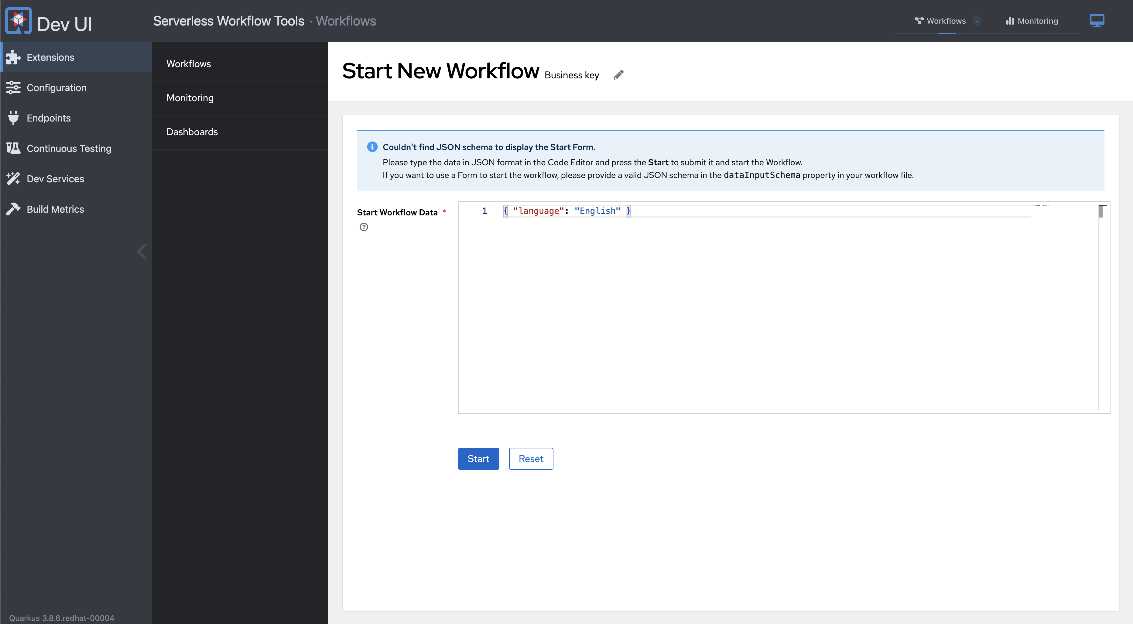 quarkus devui start workflow