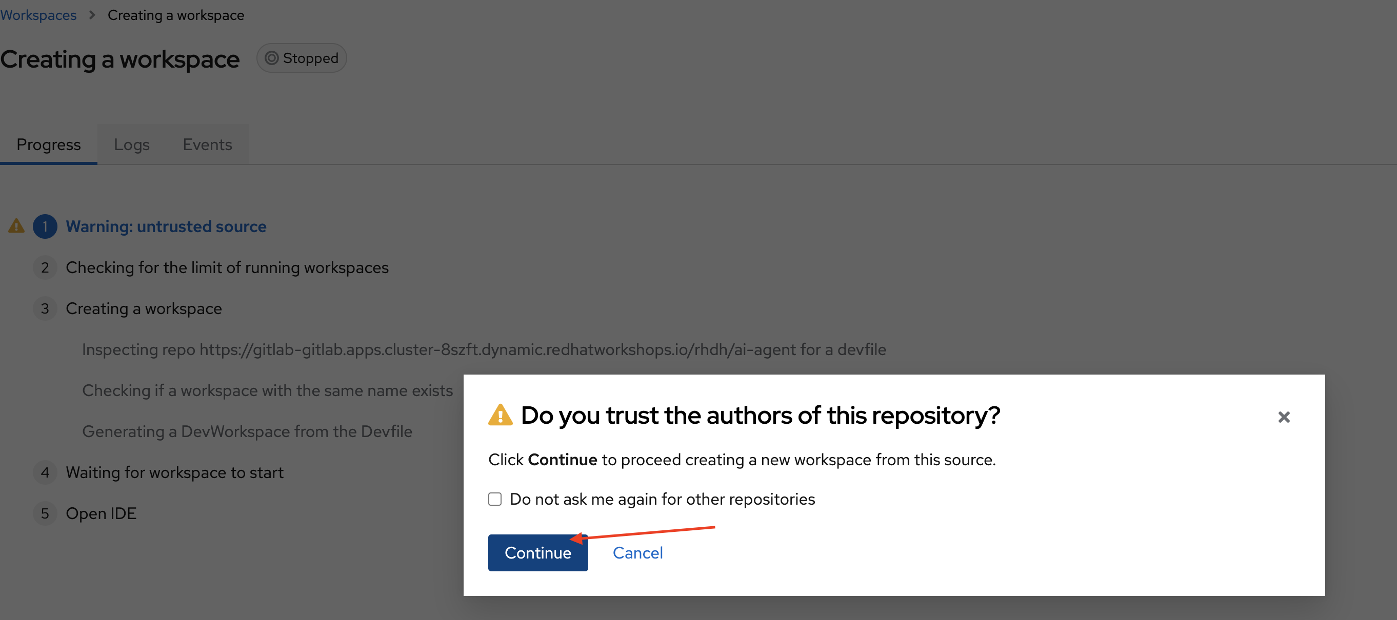 rhdh devspaces creating continue