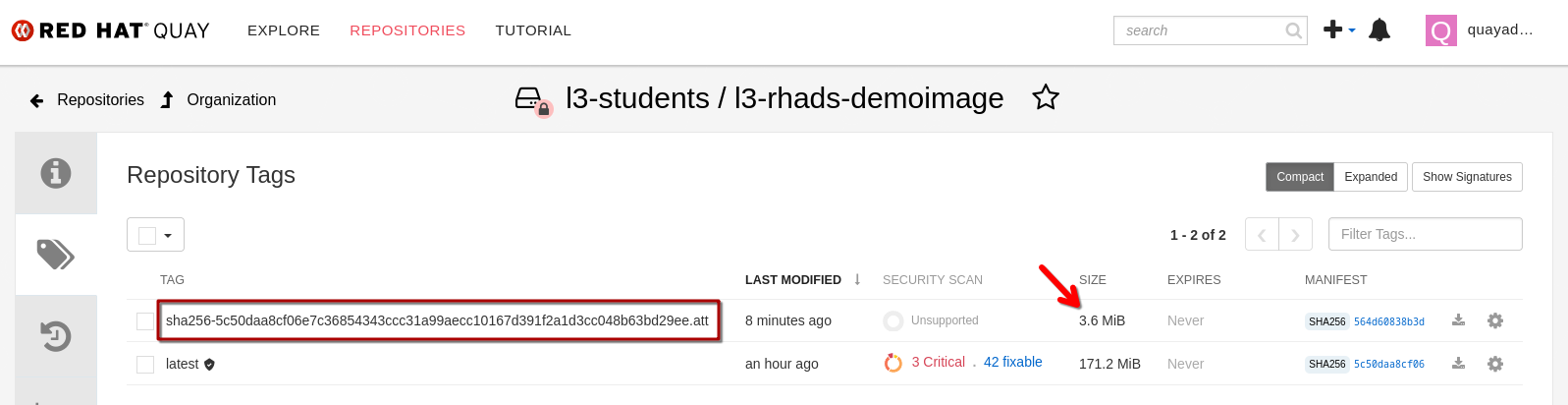 quay signed image attestations