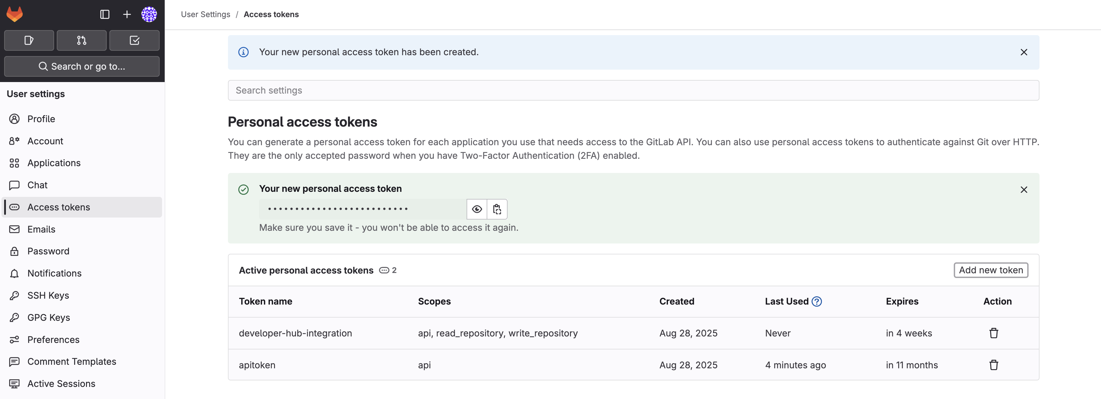 gitlab token created