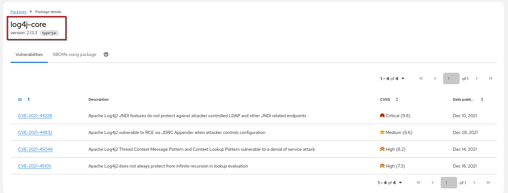 vuln search log4j affected sbom package view