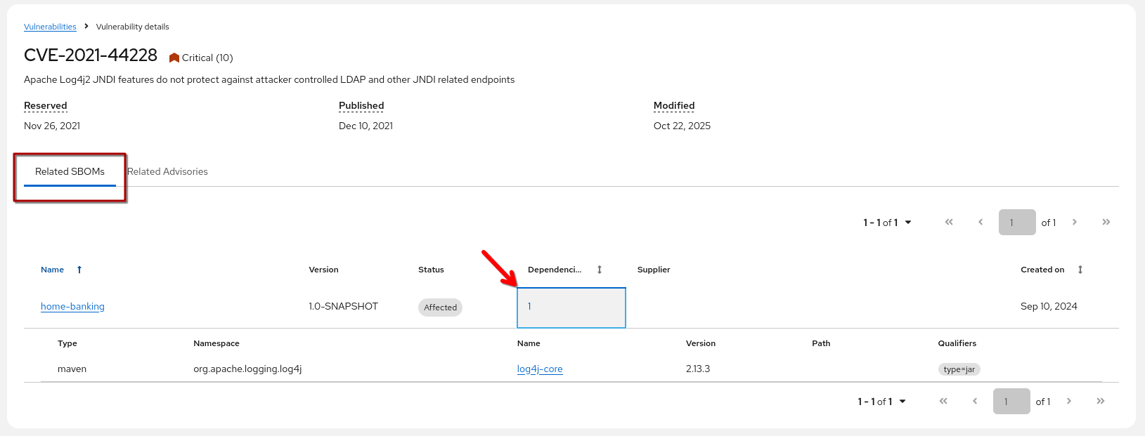 vuln search log4j affected sbom